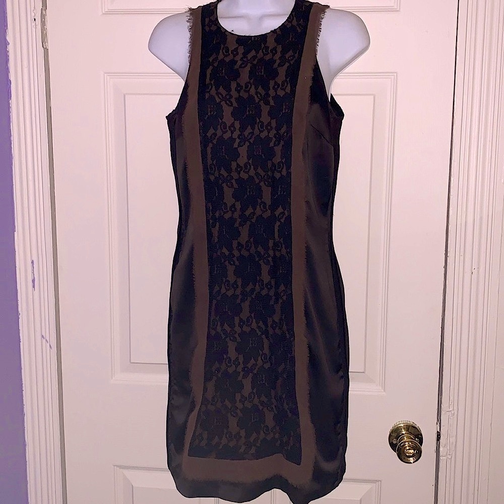 Bonjour Twelve By Twelve Los Angeles Black Brown Lace Satin Sheath Dress Size M